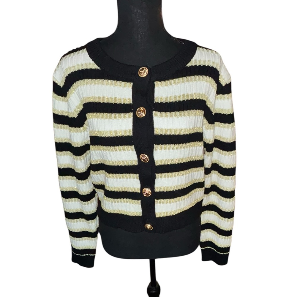 Lush NWT black/ivory/gold striped knit cardigan sweater size L
